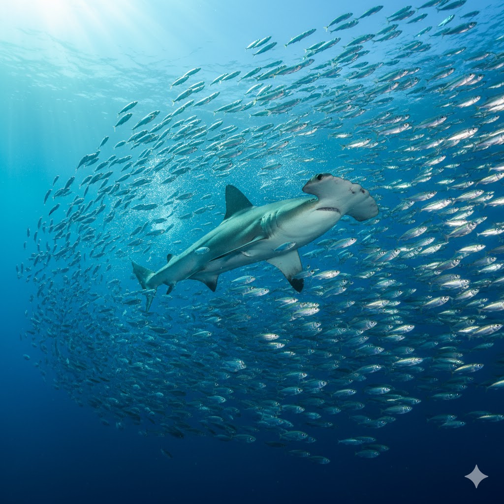 Hammerhead shark gliding through a school of fish, fish scattering in all directions creating silver streaks, dramatic action moment